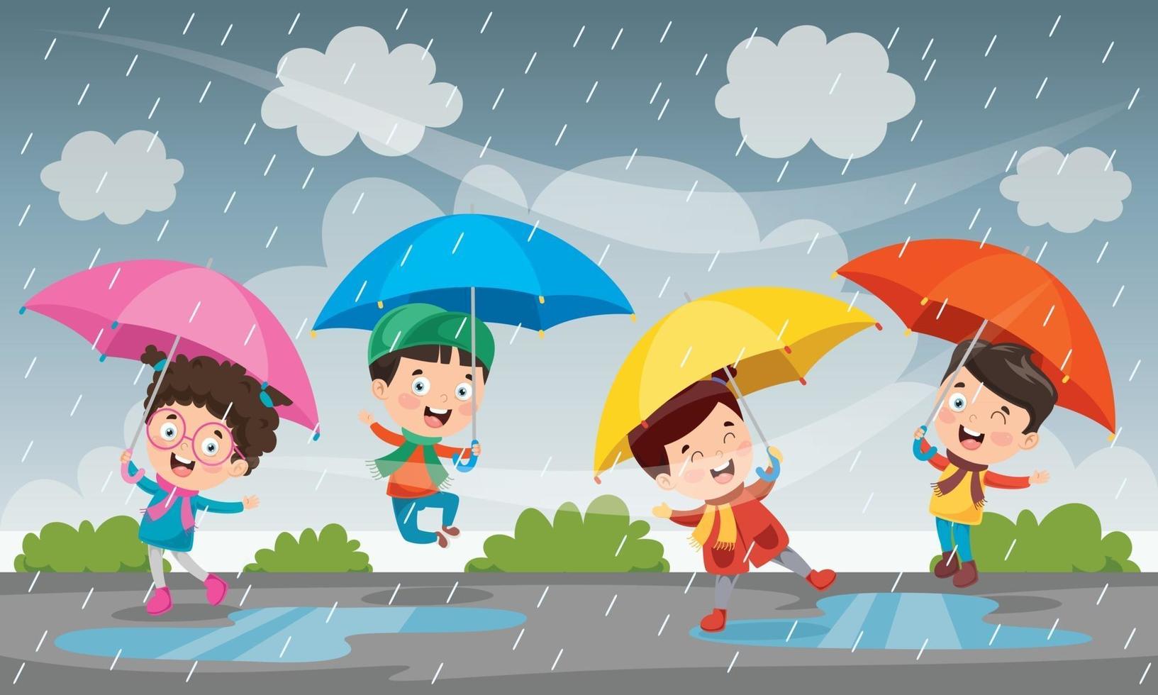 crianças usando guarda-chuva sob a chuva vetor