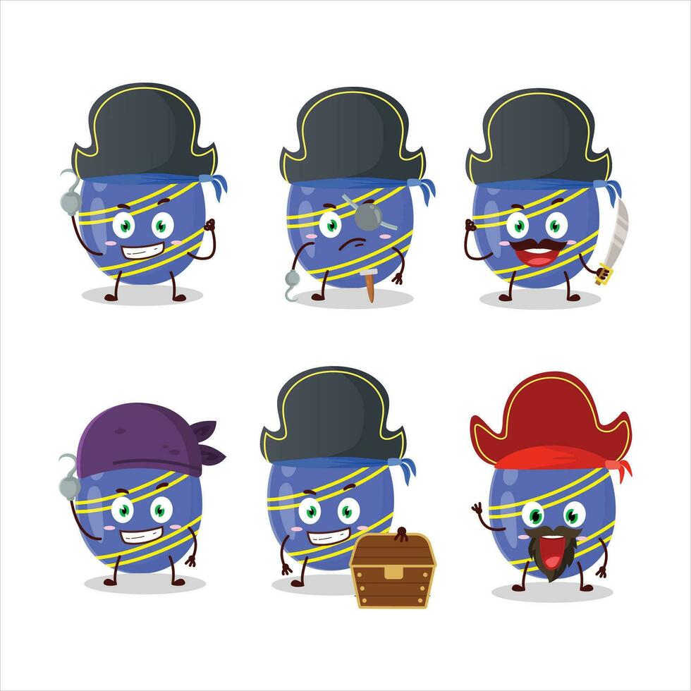desenho animado personagem do azul Páscoa ovo com vários piratas emoticons vetor