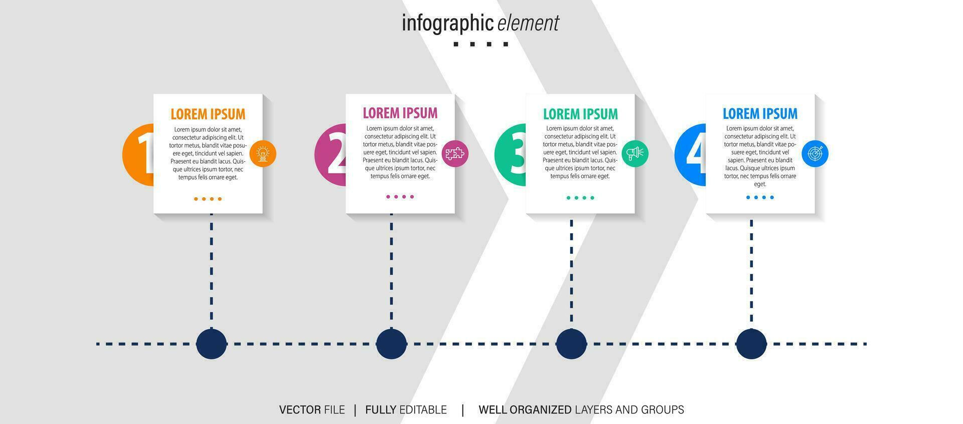 moderno caixa linha infográfico modelo com 4 passos. o negócio círculo modelo com opções para folheto, diagrama, fluxo de trabalho, Linha do tempo, rede Projeto. vetor