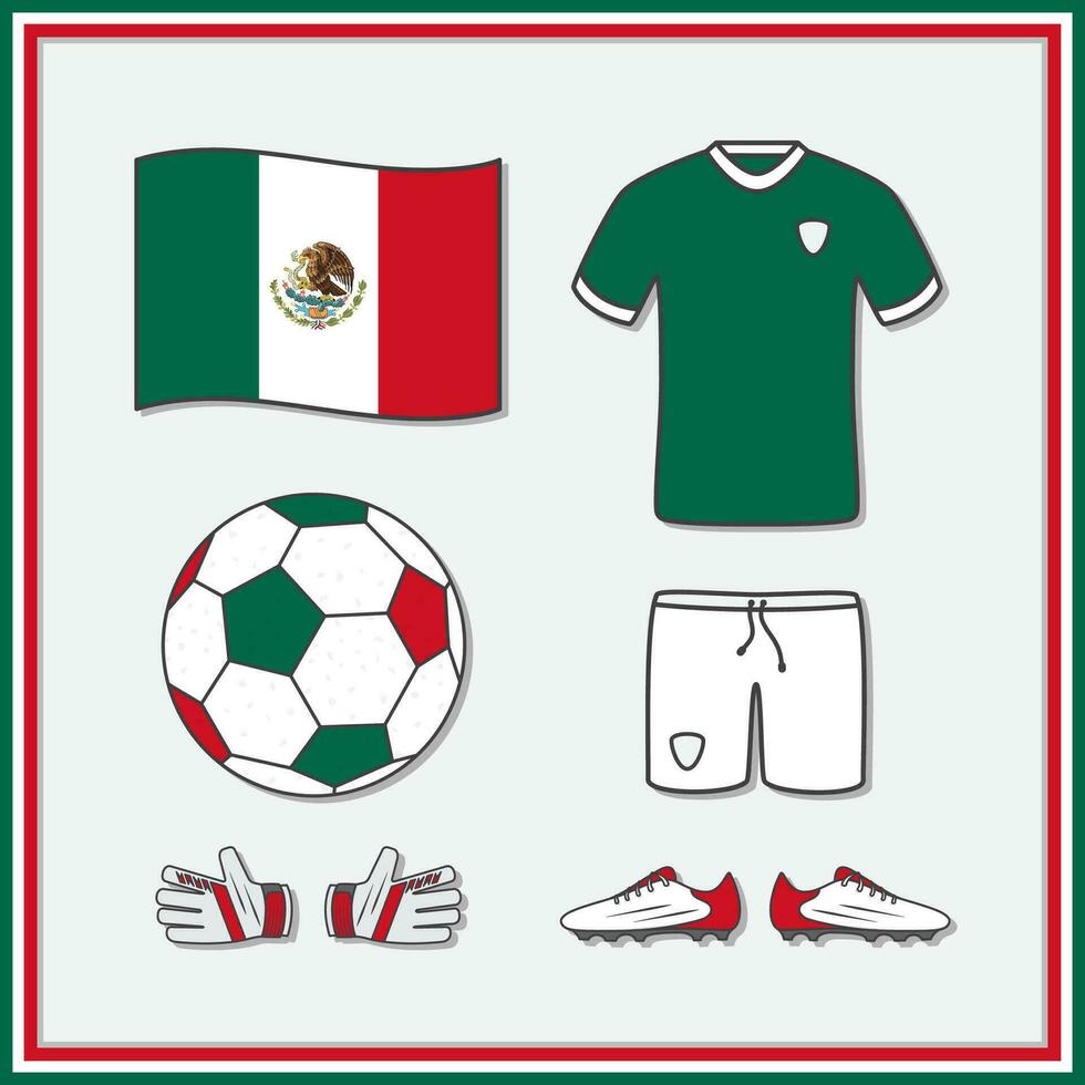 México futebol desenho animado vetor ilustração. futebol jérsei e futebol bola plano ícone esboço