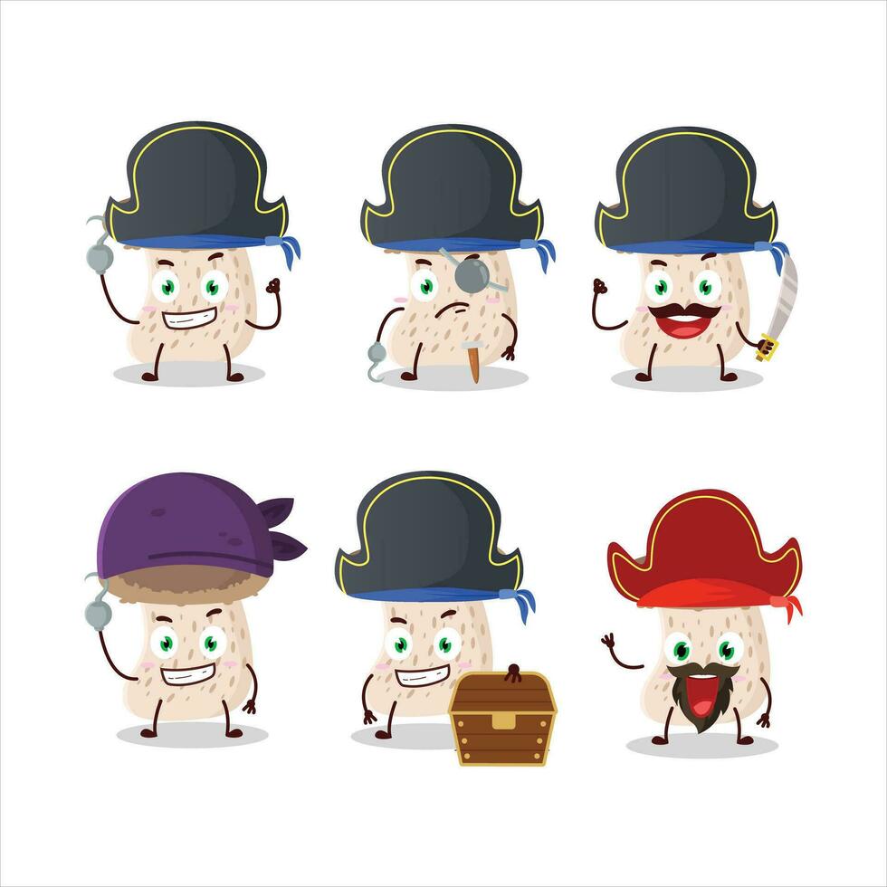 desenho animado personagem do shiitake cogumelo com vários piratas emoticons vetor