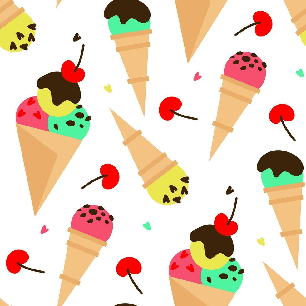 a padronizar é colori gelo creme dentro waffle cones com vários granulados e cerejas. multicolorido gelo creme em uma branco fundo com decorativo elementos. desenho animado vetor ilustração em uma branco