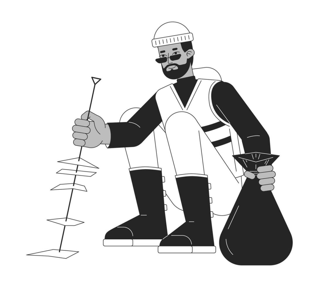 homem colheita acima lixo plano linha Preto branco vetor personagem. lixo bolsa. editável esboço cheio corpo pessoa. simples desenho animado isolado local ilustração para rede gráfico Projeto