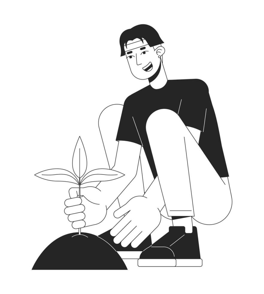 ásia homem plantio plantar dentro solo plano linha Preto branco vetor personagem. jardinagem. crescendo flor. editável esboço cheio corpo pessoa. simples desenho animado isolado local ilustração para rede gráfico Projeto