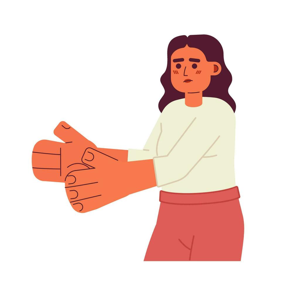 infeliz jovem mulher semi plano cor vetor personagem. segurando Fora Palmeiras. editável metade corpo pessoa em branco. simples desenho animado local ilustração para rede gráfico Projeto