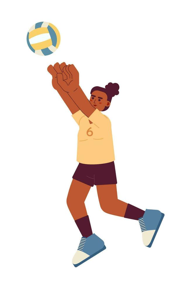 africano americano desportista chutando bola semi plano cor vetor personagem. jogando voleibol. treinamento. editável cheio corpo pessoa em branco. simples desenho animado local ilustração para rede gráfico Projeto