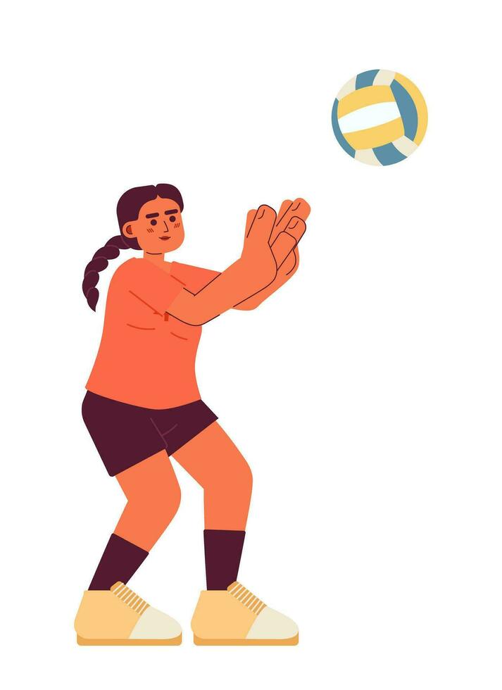 mulher batendo bola semi plano cor vetor personagem. árabe fêmea voleibol jogador. esporte. jogando jogo. editável cheio corpo pessoa em branco. simples desenho animado local ilustração para rede gráfico Projeto