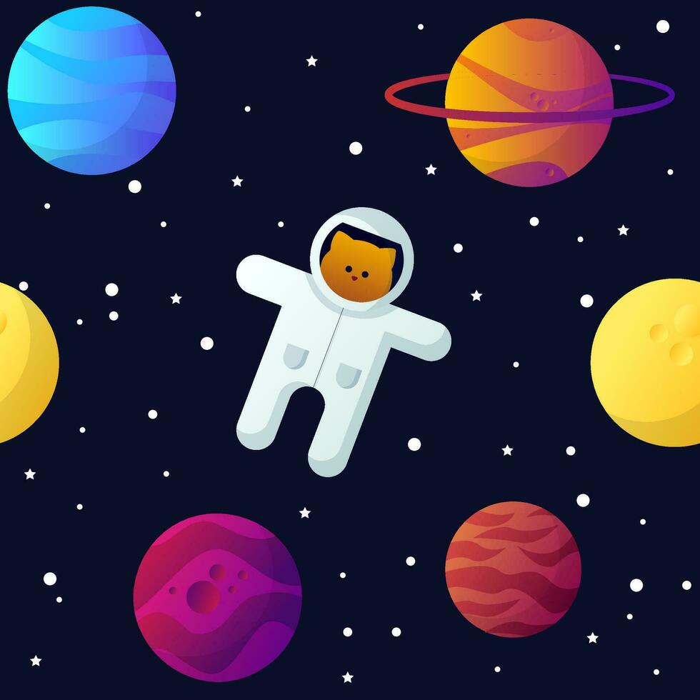 desatado espaço padronizar com planetas, a astronauta gato e estrelas dentro uma Sombrio céu. vetor gradiente ilustração.