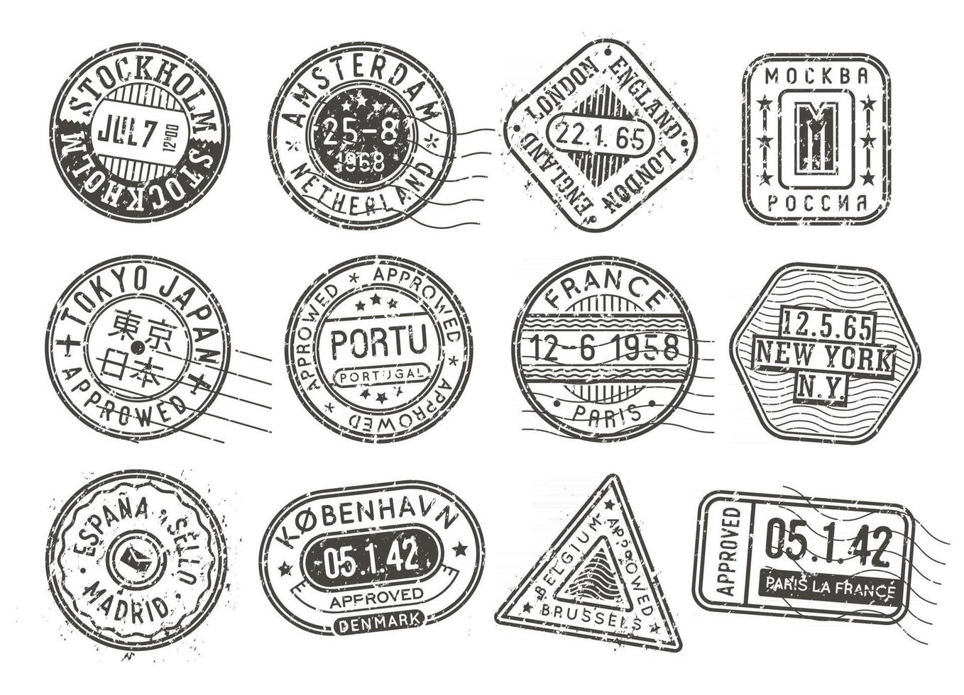 conjunto de selos de visto, selos postais retrô. coleção de impressões de passaporte internacional. sinais isolados do vetor dos correios em preto e branco.