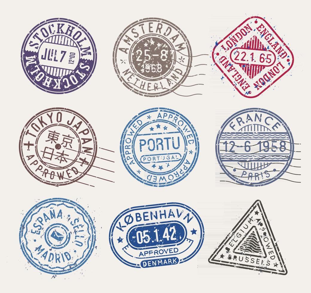 selos postais, coleção de vetores, selos isolados no fundo branco. vetor