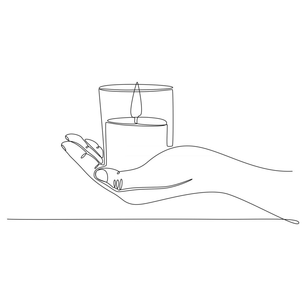 desenho de linha contínua de uma mão segurando uma vela ilustração vetorial vetor