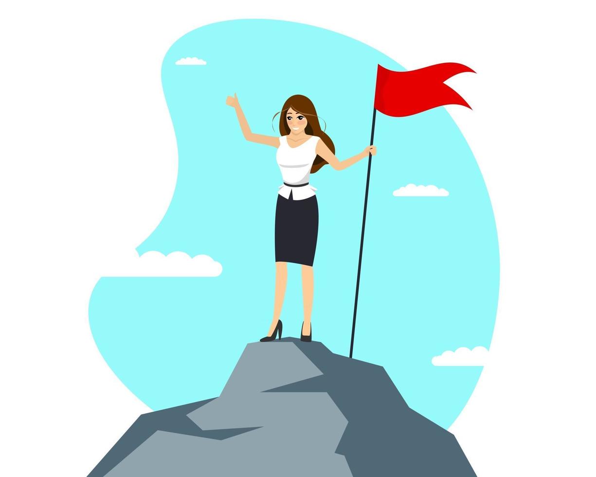 empresária bem-sucedida com bandeira vermelha no pico da montanha. mulher de negócios subindo na escada da carreira. realização do objetivo feminino e conceito de liderança. símbolo de sucesso e vitória aproveite o vetor