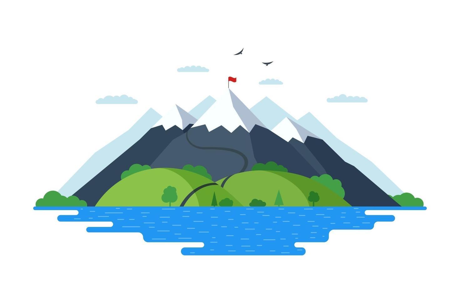 alta montanha com floresta de colinas verdes e ilustração em vetor plana azul lago natureza paisagem. alpinistas fazem trilha para o topo da rocha e bandeira vermelha no pico