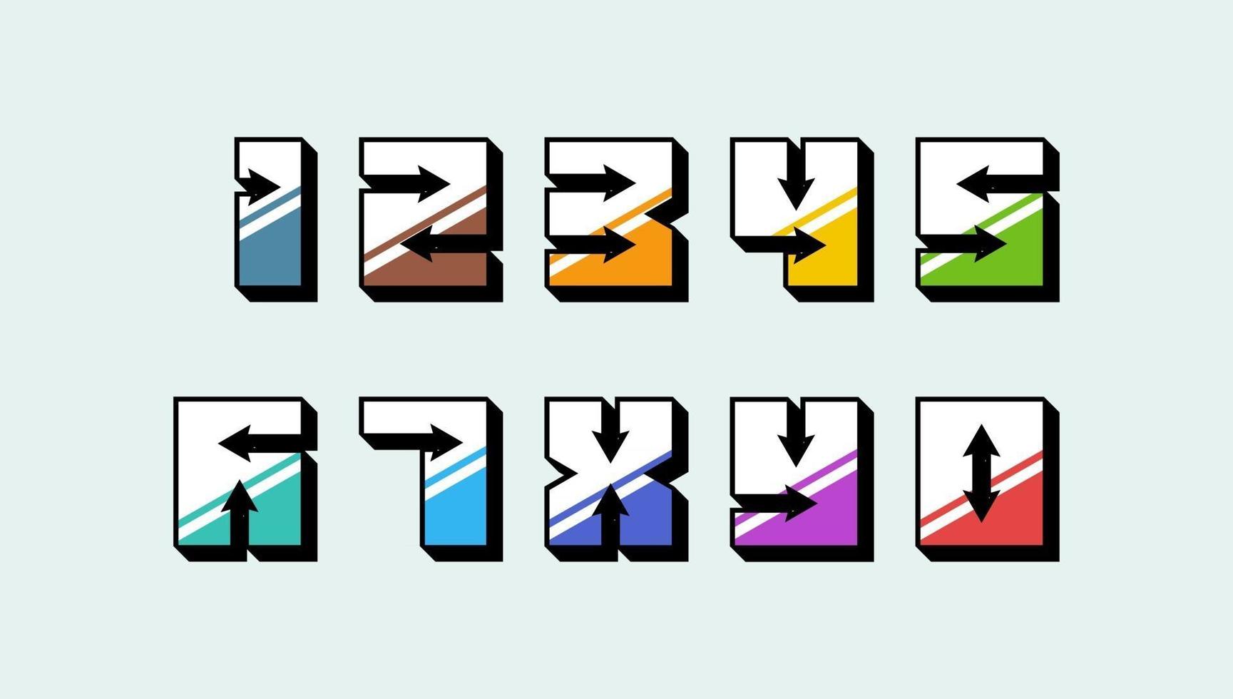 números coloridos 3d estilo retro vintage definido com setas tipografia da moda consistindo de 1 2 3 4 5 6 7 8 9 0 para design de cartaz ou cartão de felicitações. ilustração em vetor eps fonte moderna