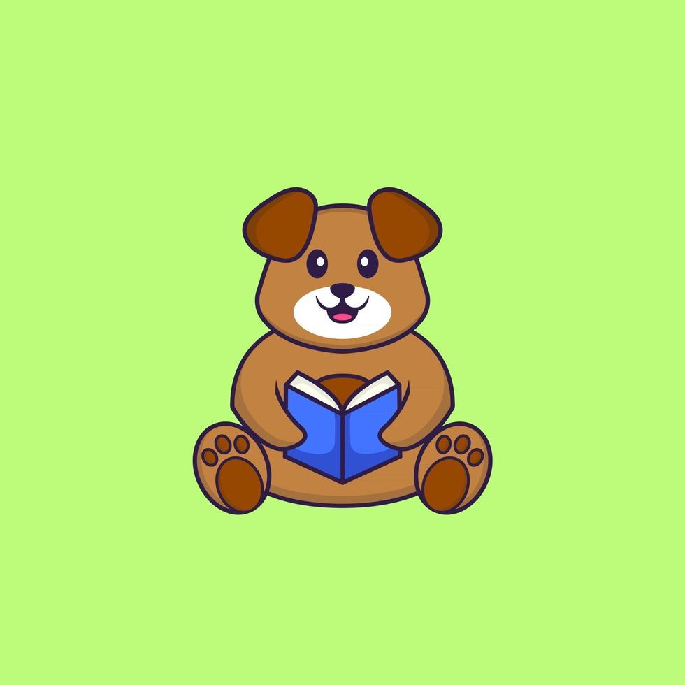 cachorro bonito lendo um livro. conceito de desenho animado animal isolado. pode ser usado para t-shirt, cartão de felicitações, cartão de convite ou mascote. estilo cartoon plana vetor