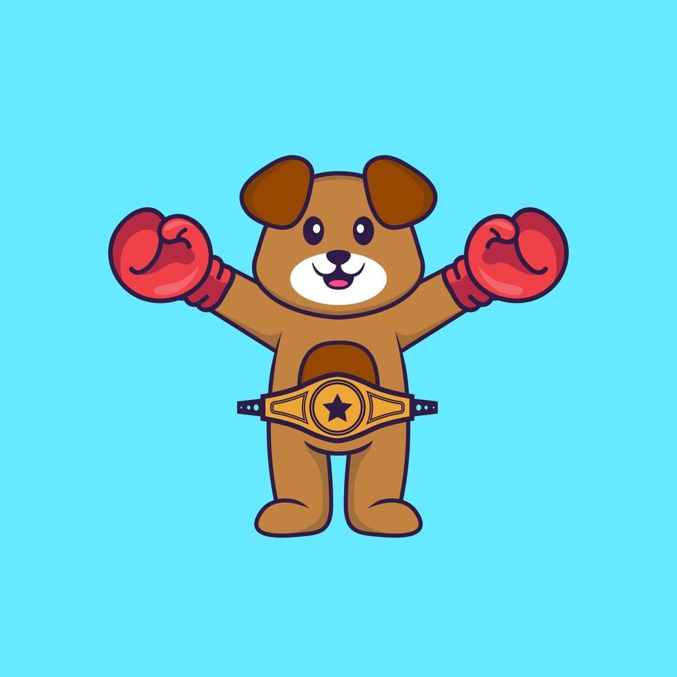 cão fofo em traje de boxer com cinto de campeão. conceito de desenho animado animal isolado. pode ser usado para t-shirt, cartão de felicitações, cartão de convite ou mascote. estilo cartoon plana vetor