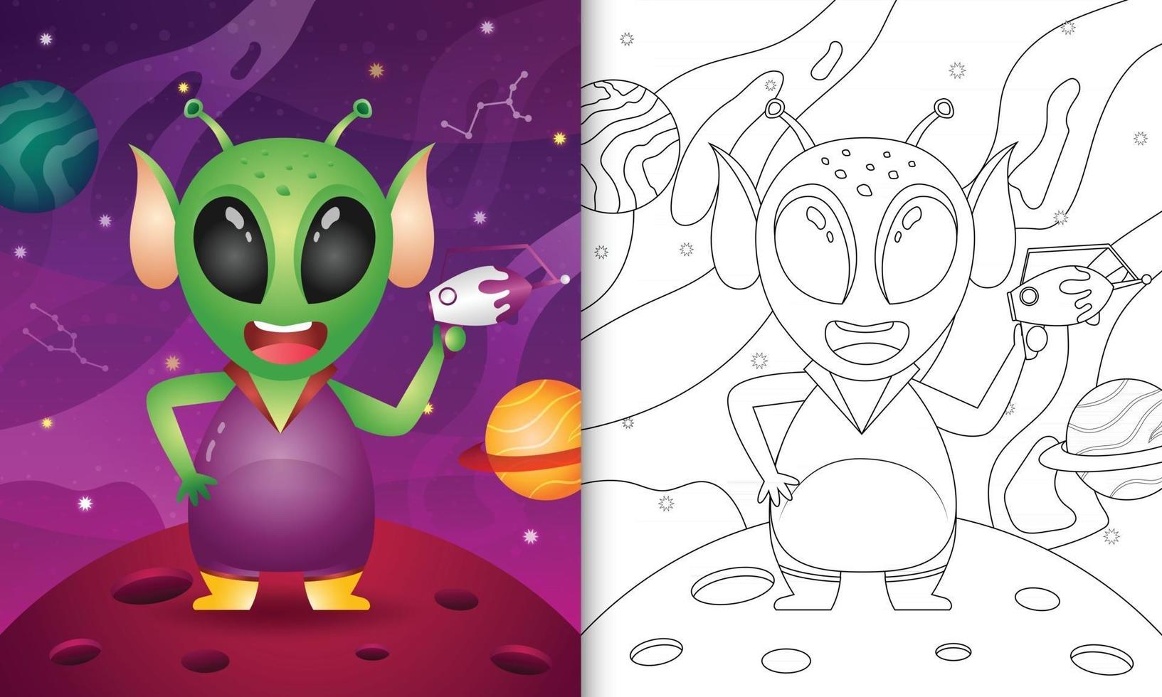 livro de colorir para crianças com um alienígena fofo na galáxia espacial vetor