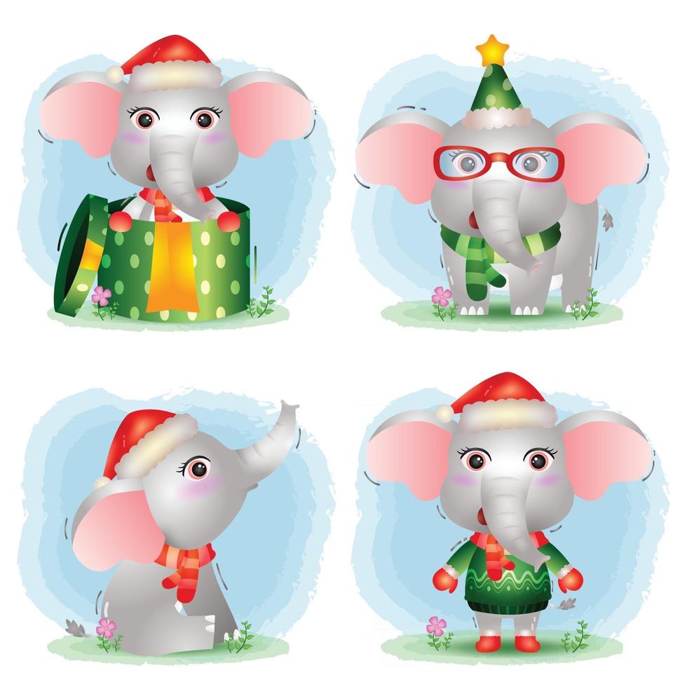 coleção de personagens de natal de elefante fofo com chapéu, jaqueta, cachecol e caixa de presente vetor
