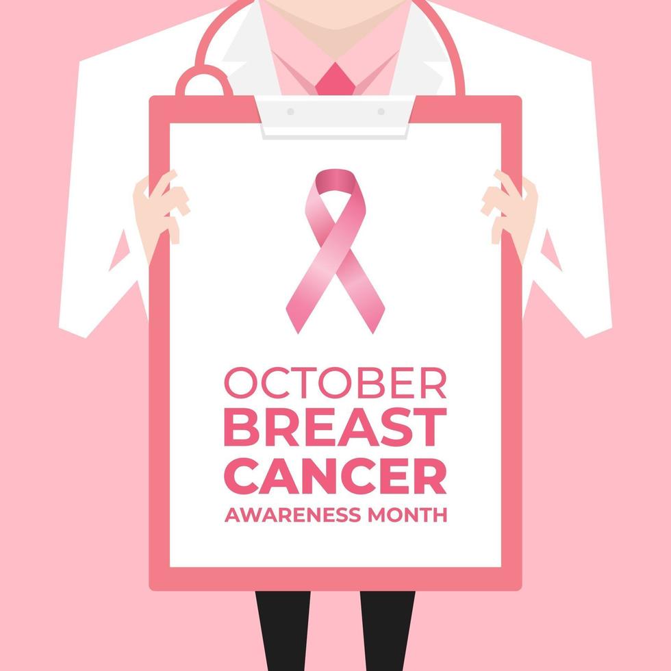 médico com jaleco segurando uma prancheta mostrando um sinal de fita rosa. banner de conscientização do câncer de mama. vetor