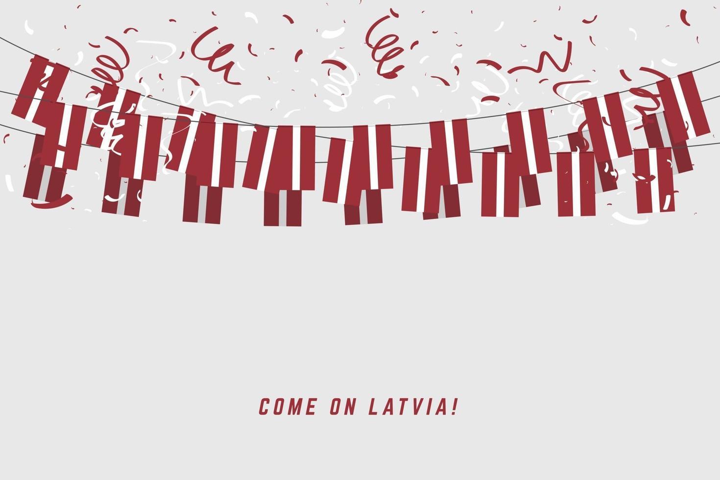 Bandeira de guirlanda de Letônia com confetes em fundo branco, pendurar bandeirolas para bandeira de modelo de celebração da Letônia. vetor