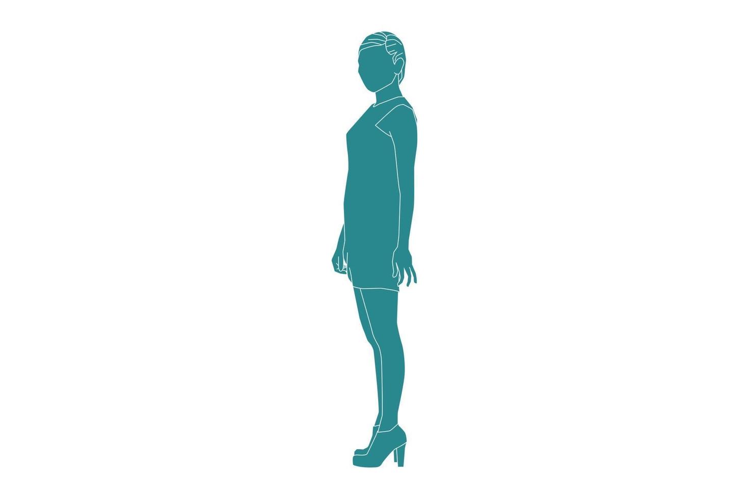 ilustração em vetor de mulher elegante no caminho lateral com minivestido, estilo simples com contorno
