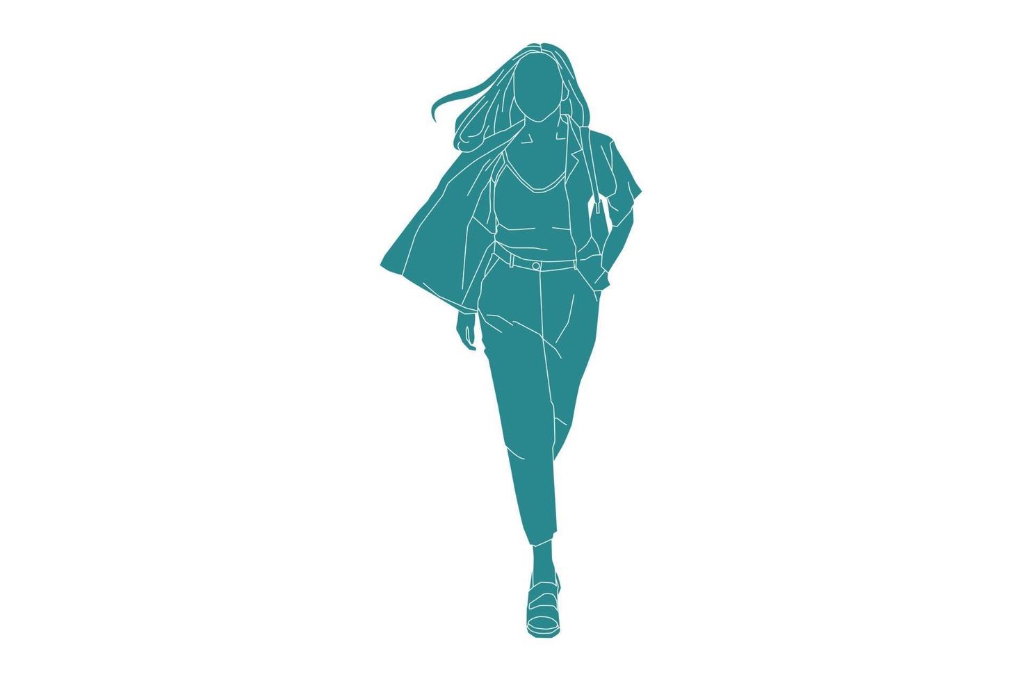 ilustração em vetor de mulher casual andando na estrada lateral, estilo simples com contorno