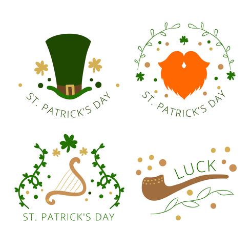 Emblema do dia de St Patrick bonito com chapéu, barba alaranjada, tubulação e trevo vetor