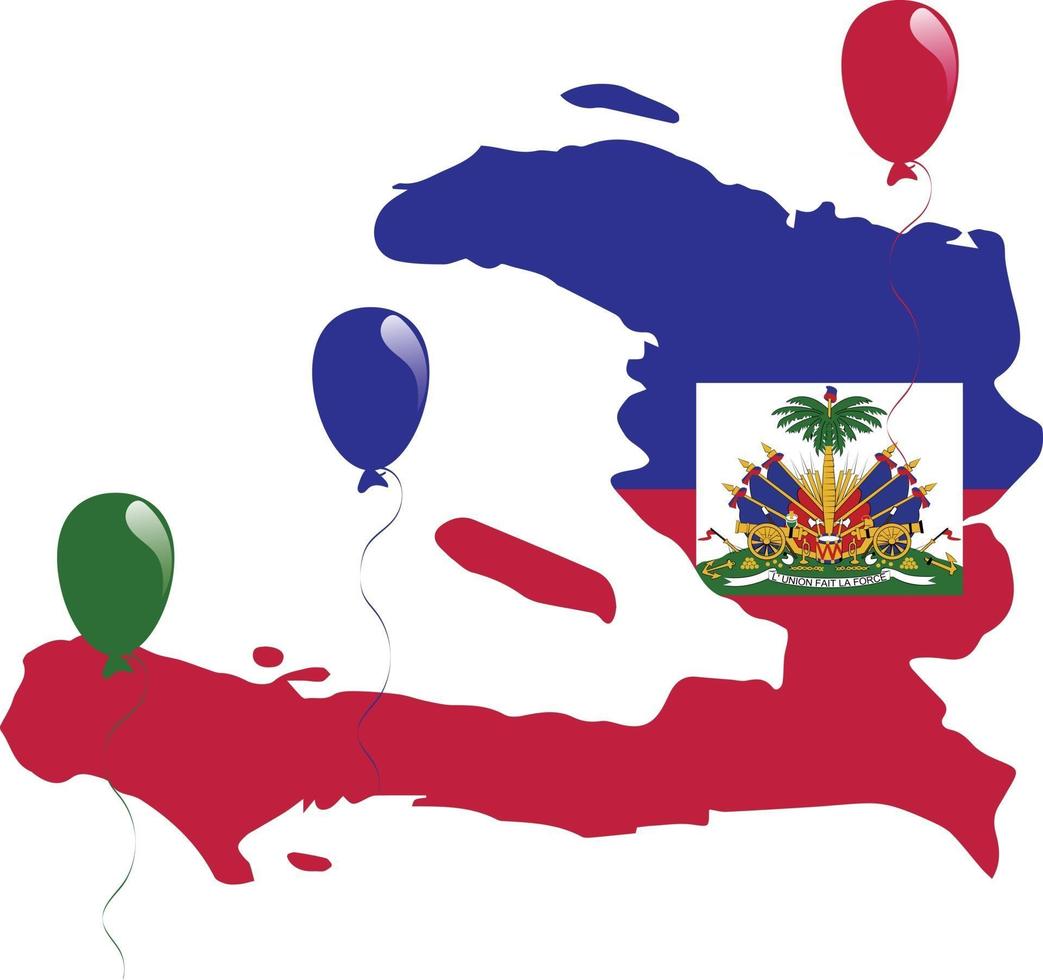 balões coloridos no topo do mapa e bandeira do haiti vetor