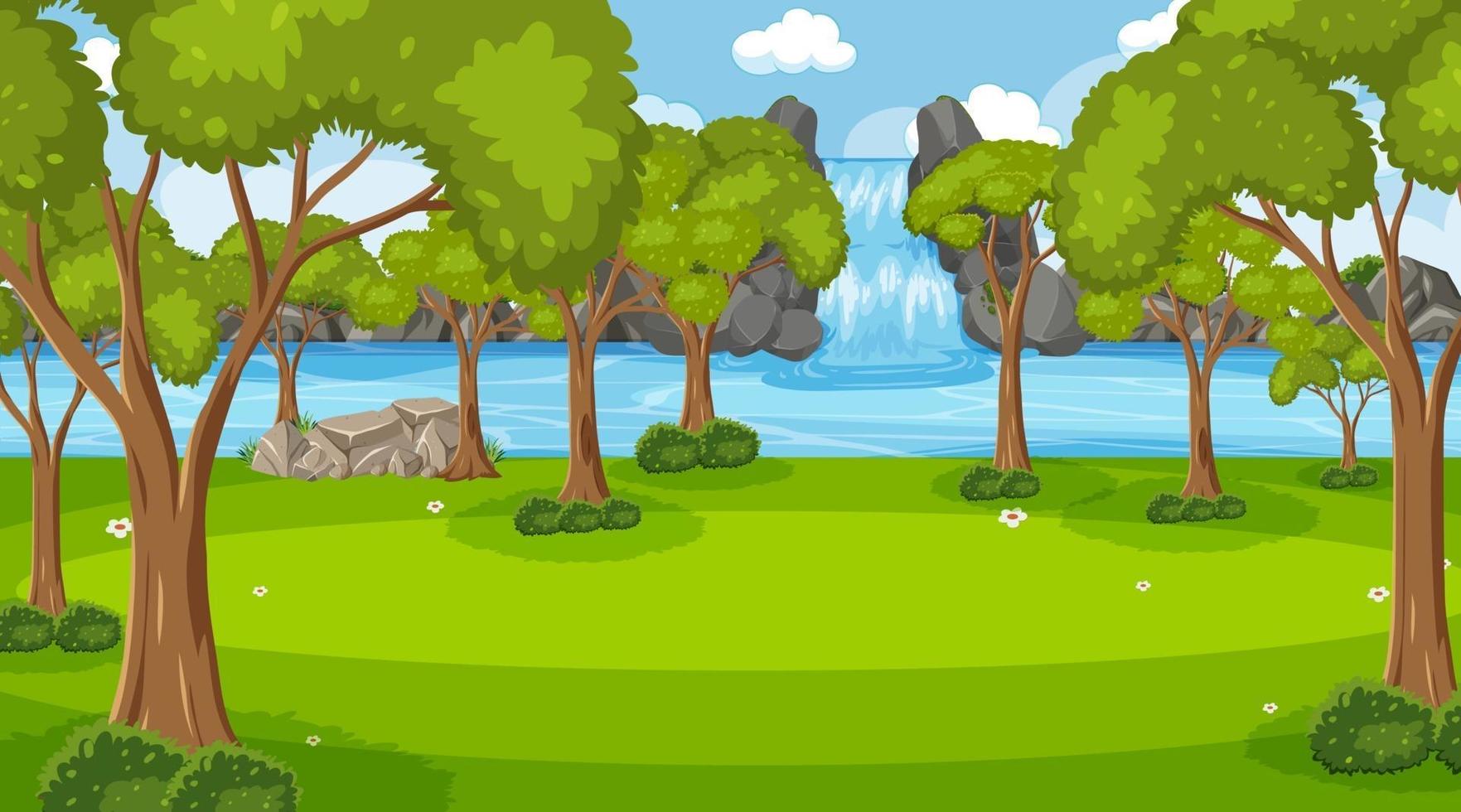 cena de fundo com muitas árvores e cachoeira vetor