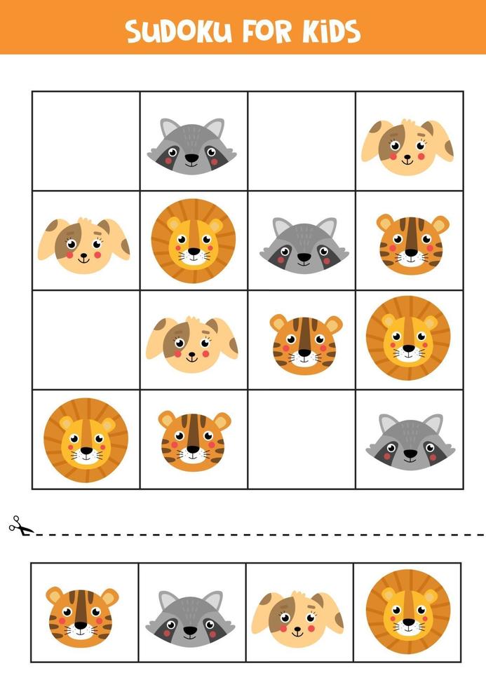 jogo de sudoku para crianças. rostos bonitos de animais. vetor