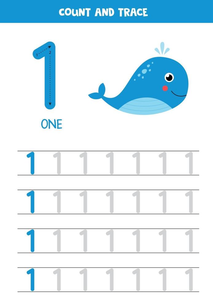 planilha para aprender números com desenhos animados da baleia marinha. número um. vetor