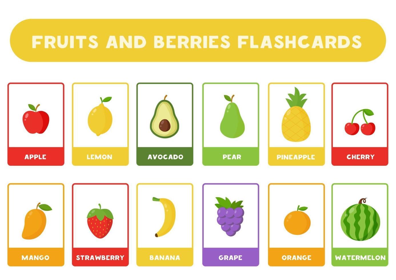 frutas bonito dos desenhos animados com nomes. cartões de memória flash para crianças. vetor