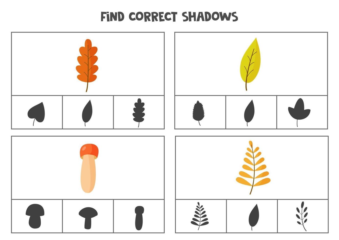 encontre a sombra correta das folhas de outono e dos cogumelos. jogos de cartas de clipe para impressão para crianças. vetor