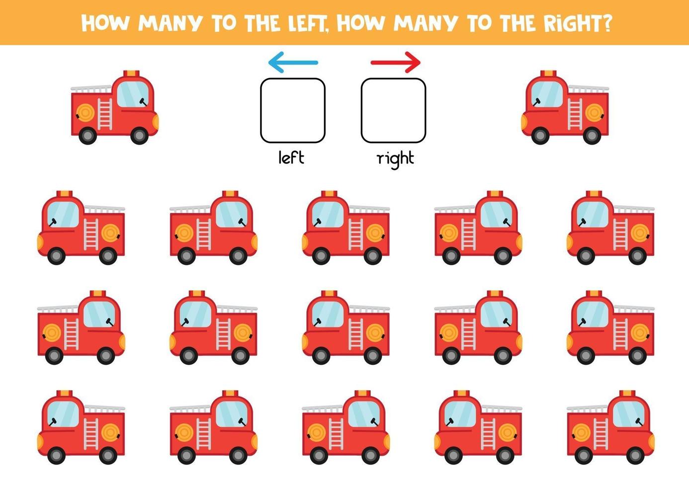 orientação espacial para crianças. caminhões de bombeiros vermelhos. jogo lógico. vetor