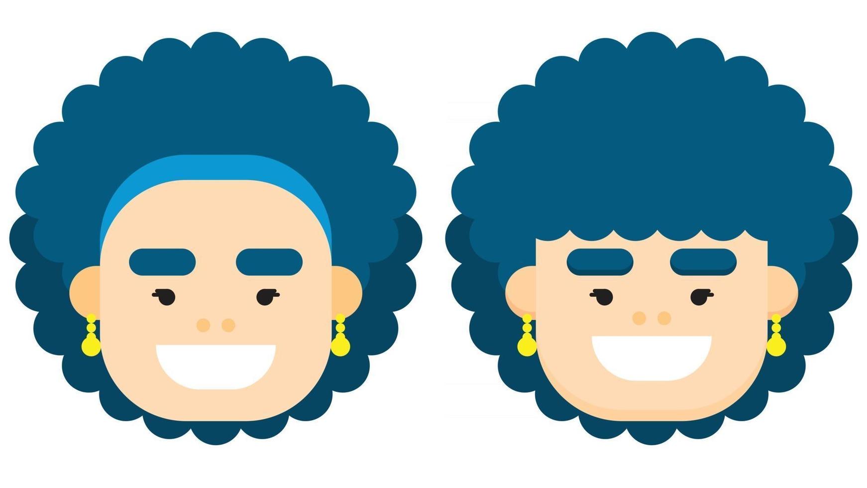 rosto de mulher design plano com cabelo azul encaracolado, com estilos diferentes. ilustração vetorial. vetor