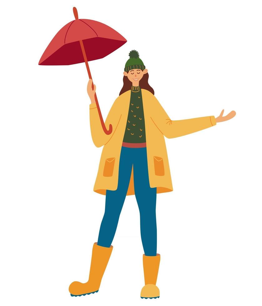 garota com um guarda-chuva gosta da chuva. chuva de outono. menina sorridente com guarda-chuva. mulher colorida, aproveitando a temporada de outono ao ar livre. mulher feliz vestindo capa de chuva e botas de borracha. ilustração em vetor plana.