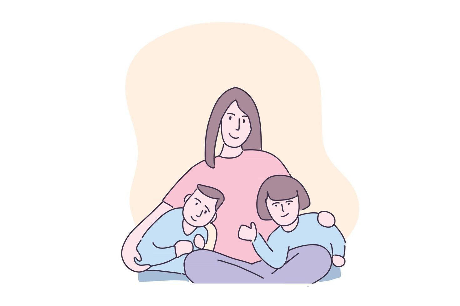 ilustração desenhada à mão mãe abraçar dois filhos vetor