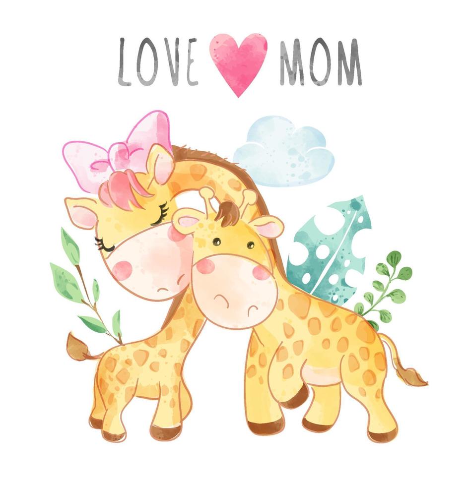 slogan de amor mãe com ilustração de desenho animado de girafa mãe e filho vetor