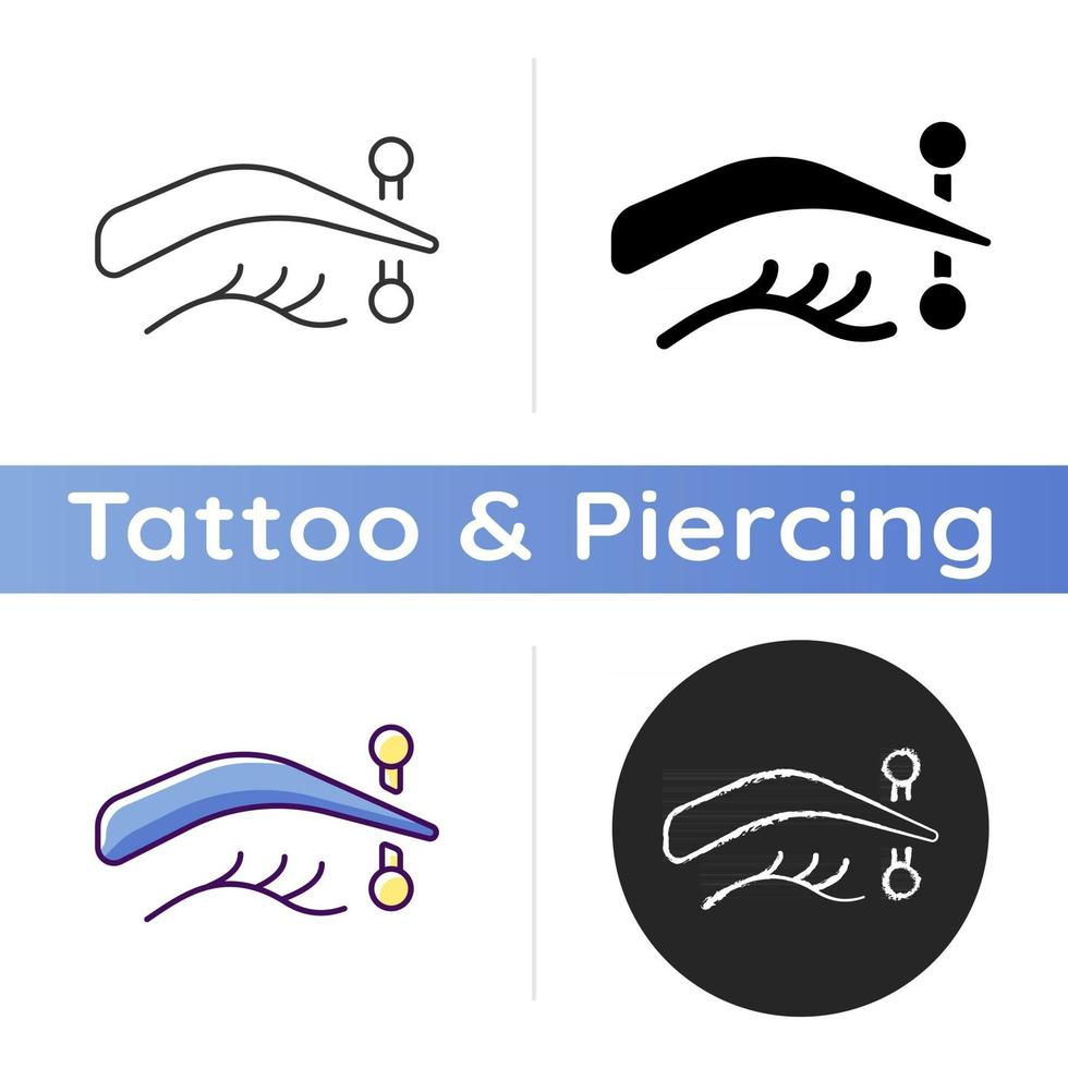 ícone de piercing na sobrancelha. agulha de metal injetada na sobrancelha humana. tipo especial de piercing. joias do corpo humano. estilos de cor preta e rgb linear. ilustrações vetoriais isoladas vetor