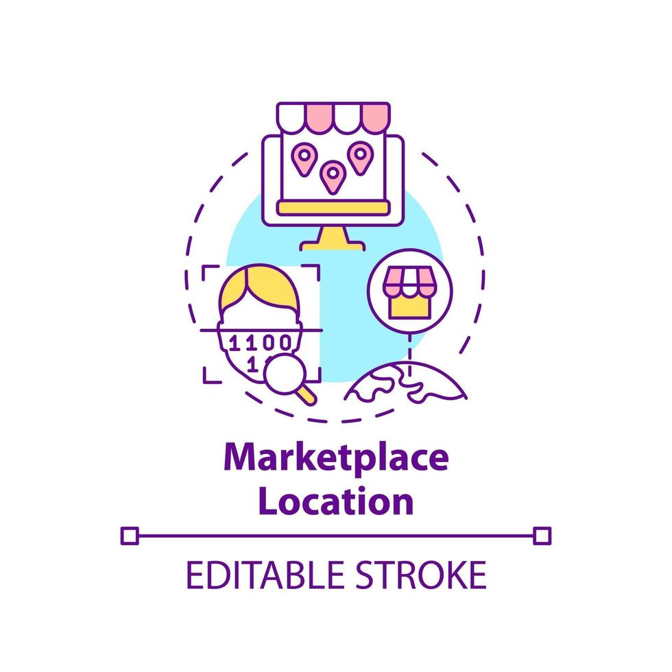 ícone do conceito de localização do mercado. ilustração de linha fina de idéia abstrata de país de site de comércio eletrônico. expandindo a loja online internacionalmente. desenho de cor de contorno isolado vetor. curso editável vetor