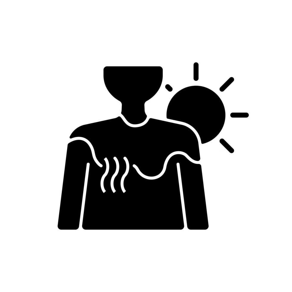 ícone de glifo preto de queimadura de sol. pessoa sob exposição à luz solar. inflamação durante o verão por causa da insolação. irritação na pele. símbolo da silhueta no espaço em branco. ilustração isolada do vetor