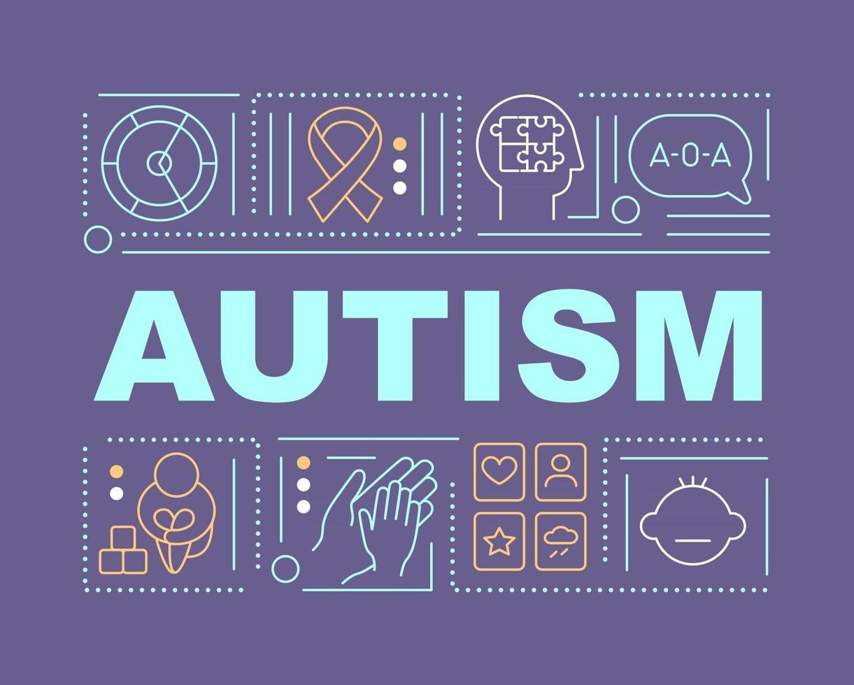 banner de conceitos de palavra de autismo. problemas com a comunicação das pessoas. infográficos com ícones lineares em fundo roxo. tipografia criativa isolada. ilustração colorida do contorno do vetor com texto