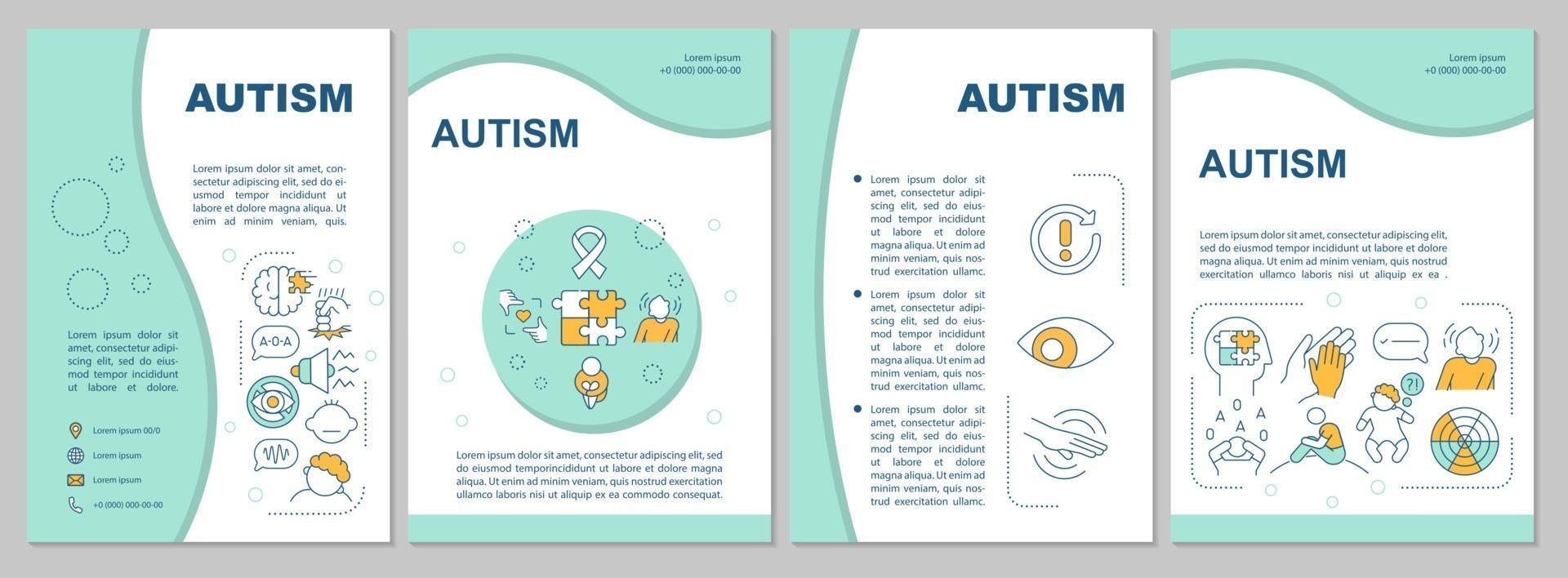 modelo de folheto de autismo. problemas de comportamento e de interação. folheto, livreto, impressão de folheto, design da capa com ícones lineares. layouts de vetor para apresentação, relatórios anuais, páginas de anúncios