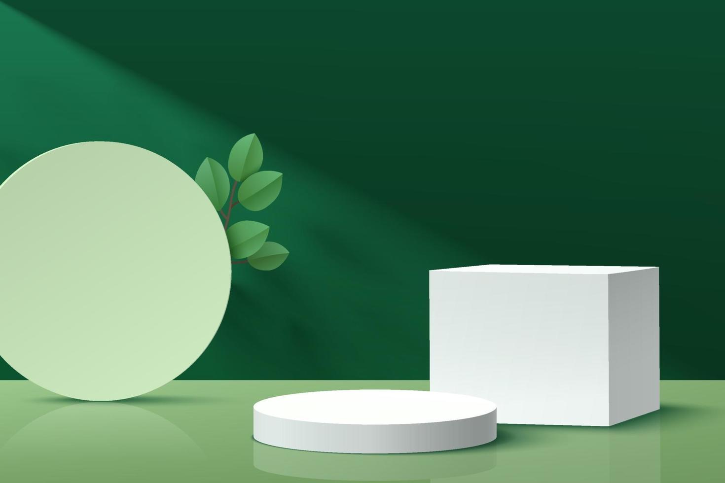 pódio de pedestal geométrico branco moderno com sombra. cena de parede mínima verde escura abstrata com pano de fundo do círculo e folhas verdes. vetor de renderização de forma 3d para apresentação de exibição de produtos cosméticos.