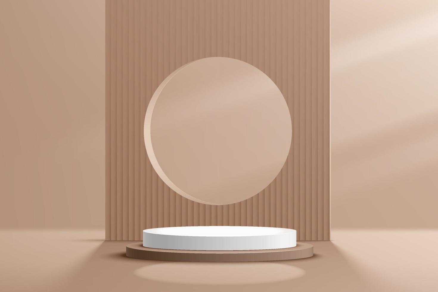 moderno pódio de pedestal em cilindro marrom e branco na sombra. cena de parede mínima de cor bege abstrata. pano de fundo geométrico com textura de linha vertical. renderização de vetor Apresentação de exibição de produto de forma 3d.