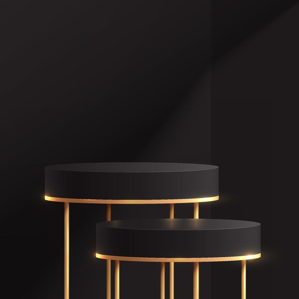 luxuosos pódios com pedestal cilíndrico em ouro preto. pernas de mesa douradas. cena de parede mínima de cor escura com iluminação de janela. renderização de vetor formas 3d, apresentação de exibição do produto sala de estúdio abstrata.