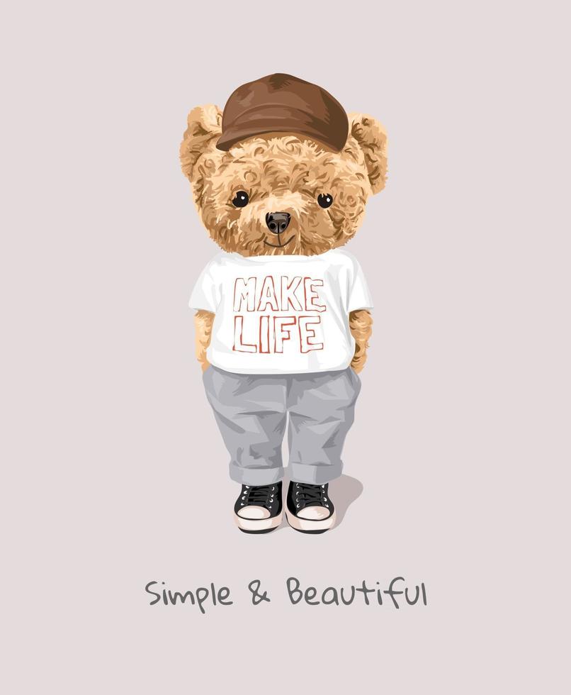 slogan simples e bonito com ilustração de brinquedo de urso em camiseta vetor
