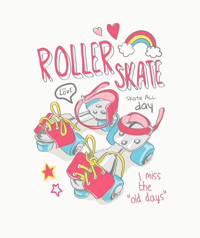 slogan de tipografia com ilustração colorida de patins vetor