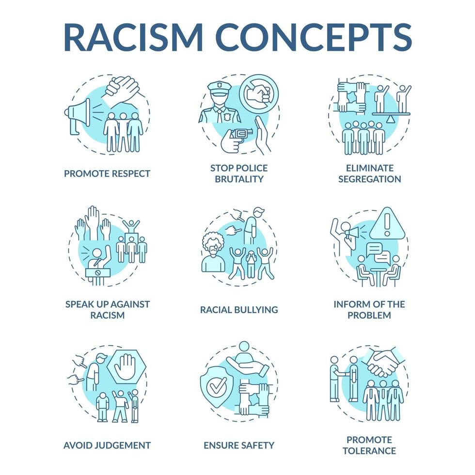 conjunto de ícones do conceito de racismo. luta contra a discriminação racial, ilustrações coloridas de linha fina de ideia de intolerância. pare a brutalidade policial. evitando julgamento. desenhos de contorno isolados de vetor. curso editável vetor