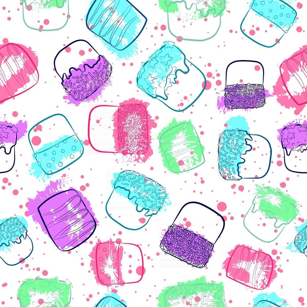 moderno padrão sem emenda com marshmallows azuis, roxos, verdes e rosa para crianças e bebês. repita o fundo com doces e guloseimas para o natal e aniversários. tudo impresso com salpicos de cor vetor
